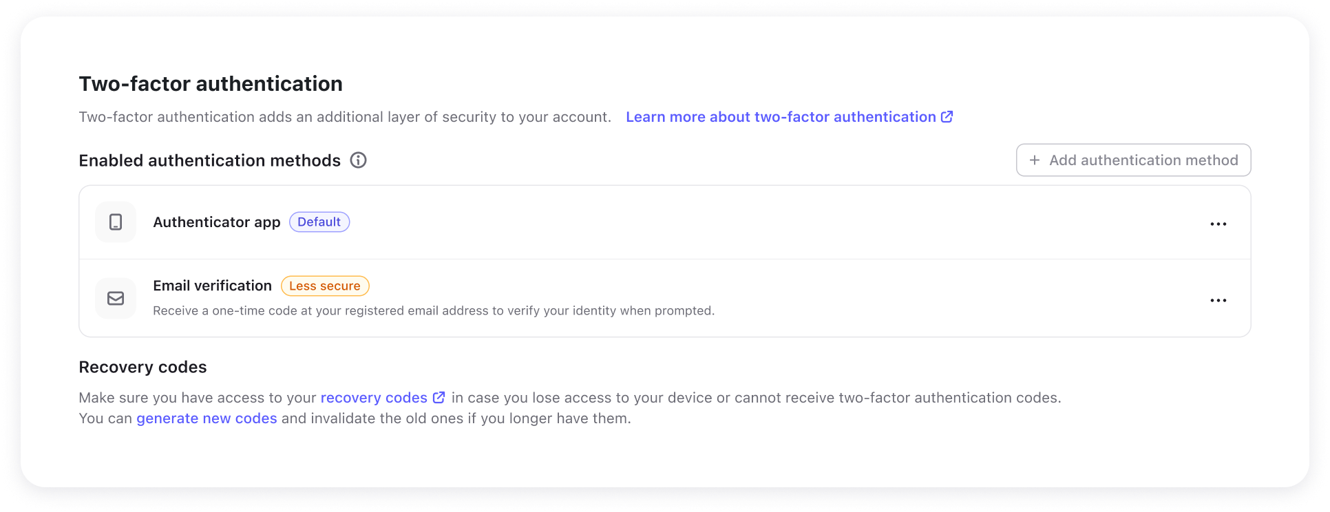 2FA settings section