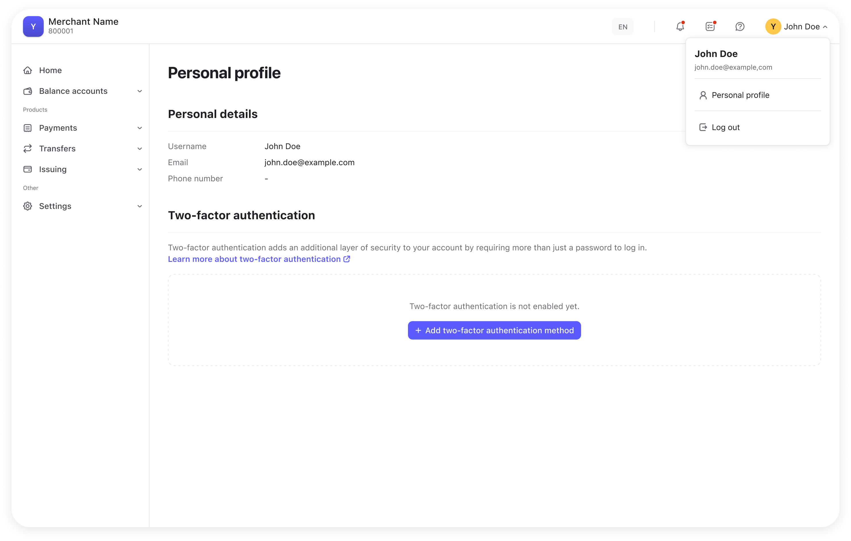 Personal profile 2FA settings