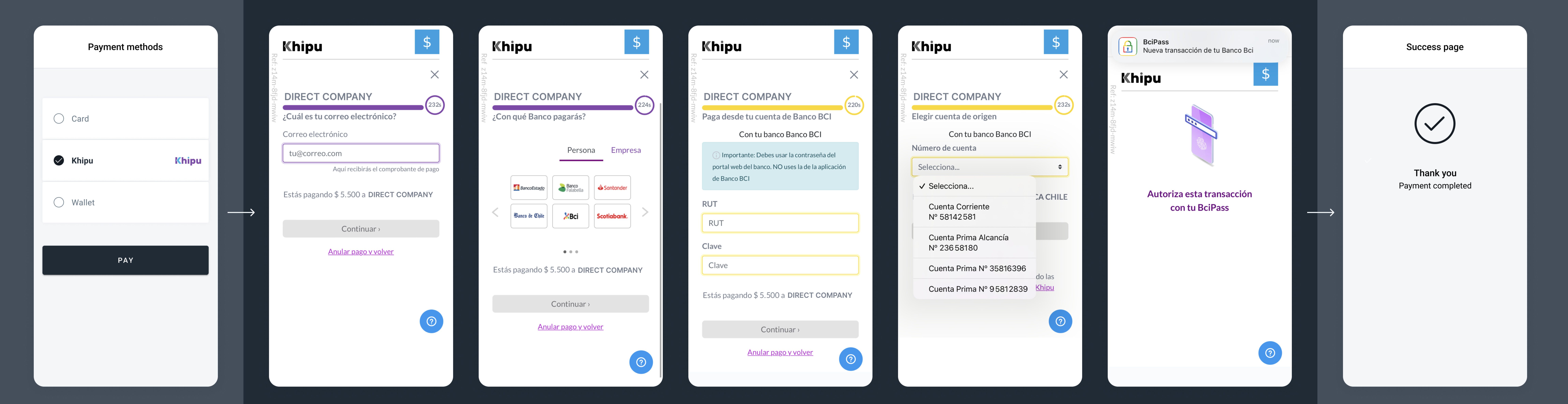 Khipu payment flow showing bank selection and transfer process
