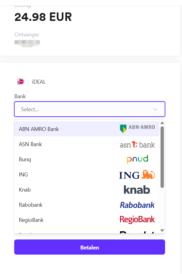 iDEAL checkout interface showing bank selection