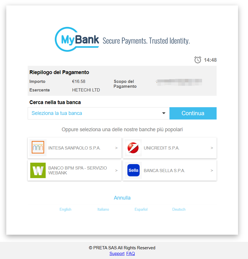 MyBank bank selection interface showing dropdown with Italian bank options