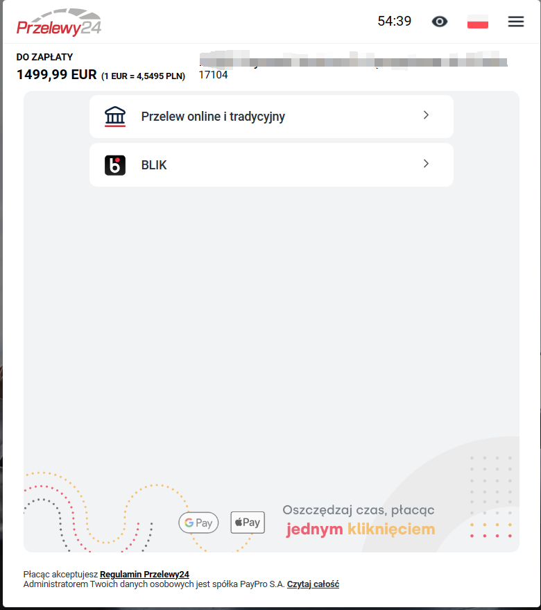 Przelewy24 checkout interface showing bank selection