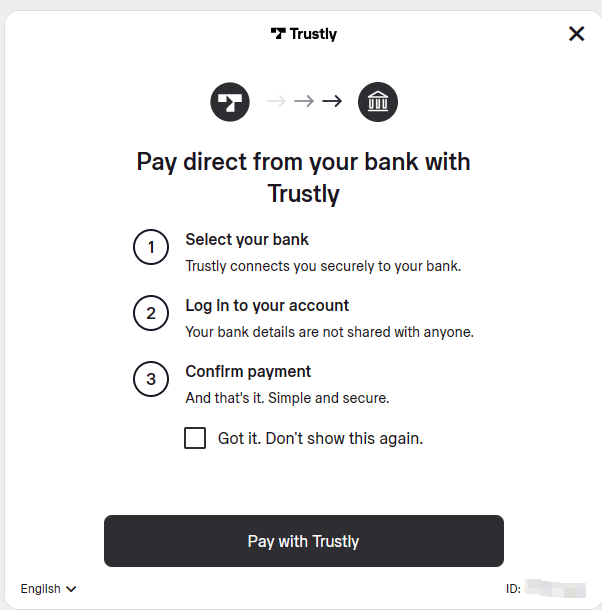 Trustly checkout interface showing bank selection and login flow