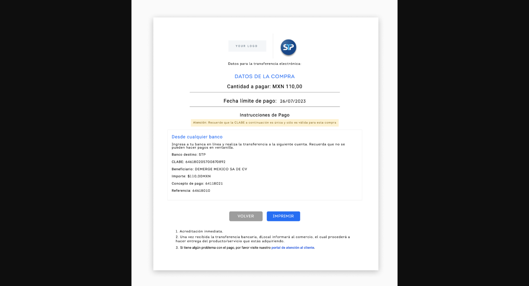 SPEI bank transfer interface showing account details and transfer instructions