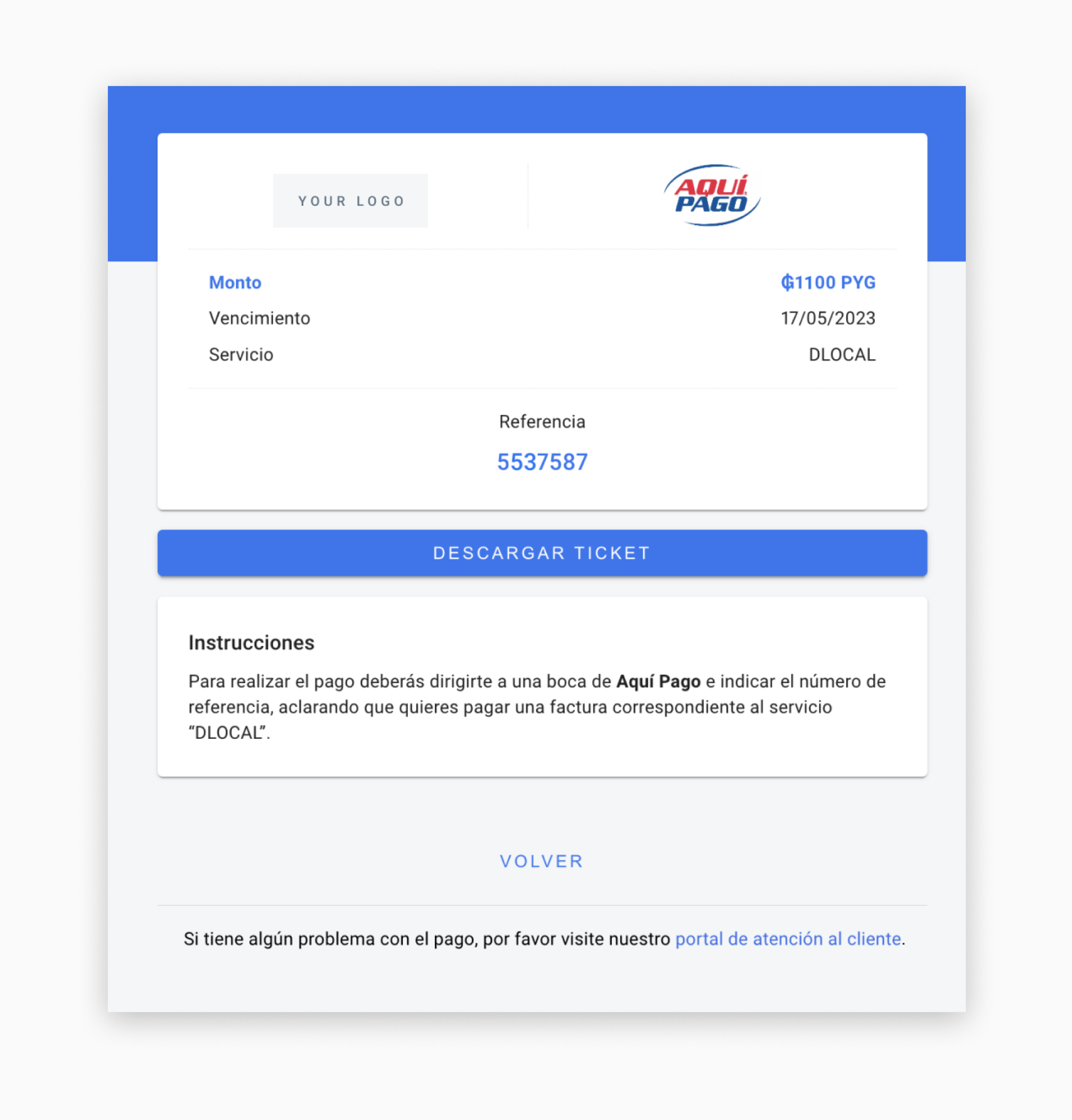 Aquí Pago checkout page displaying payment code and instructions for cash payment at network points