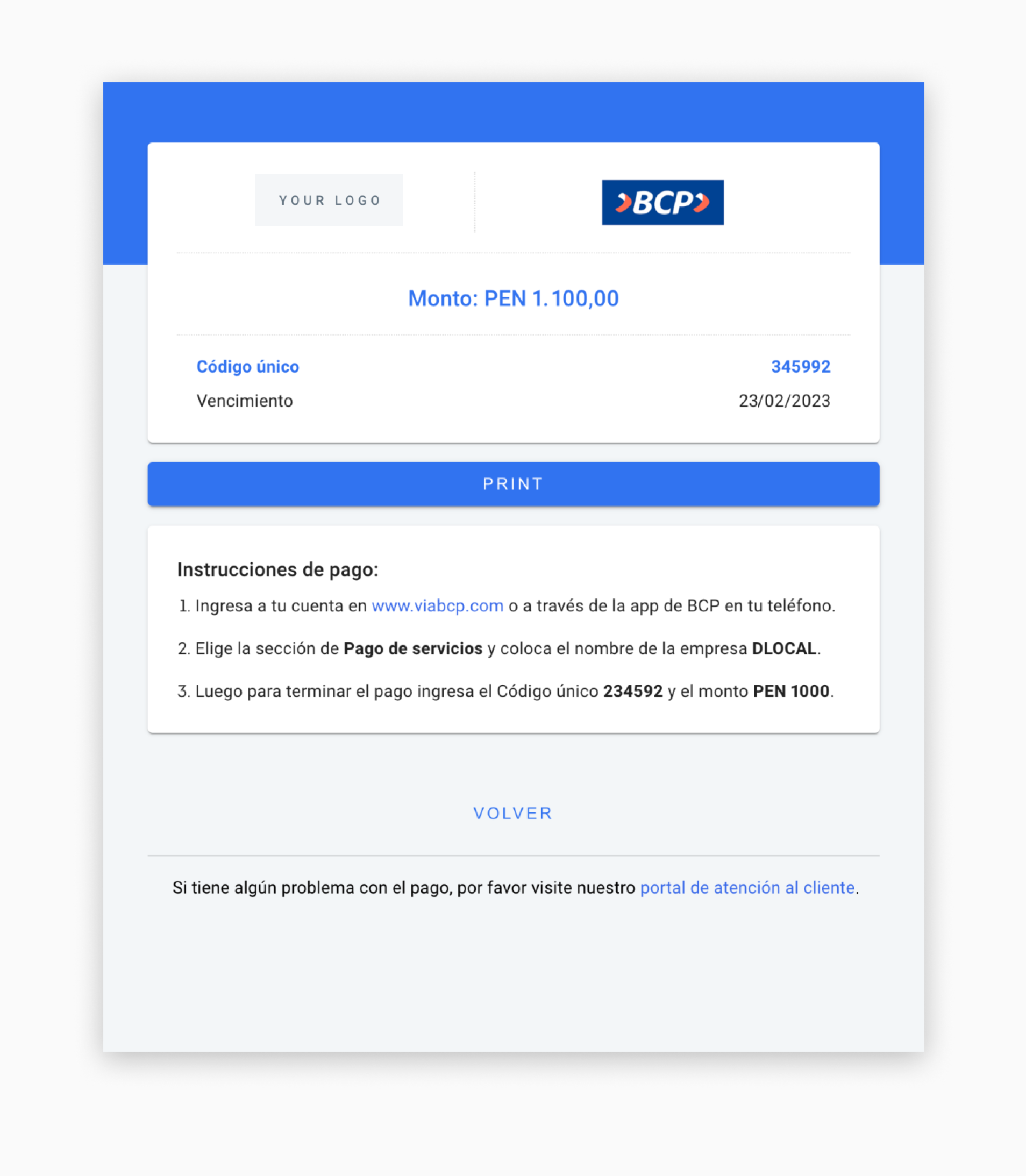 BCP bank transfer checkout interface